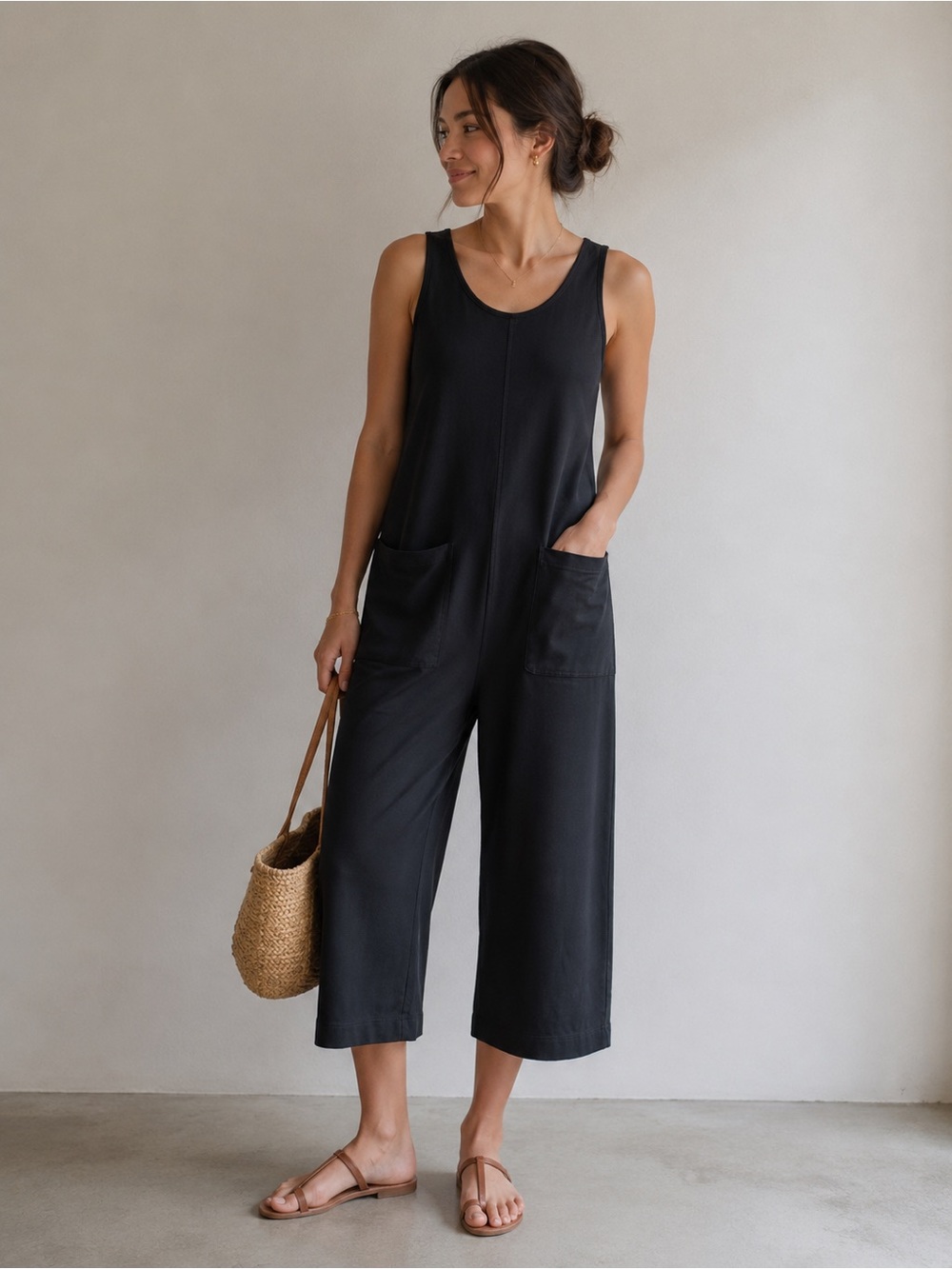 Everlane XXS‎ Womens Black Sleeveless Jumpsuit Belted Pockets Casual Summer Crop